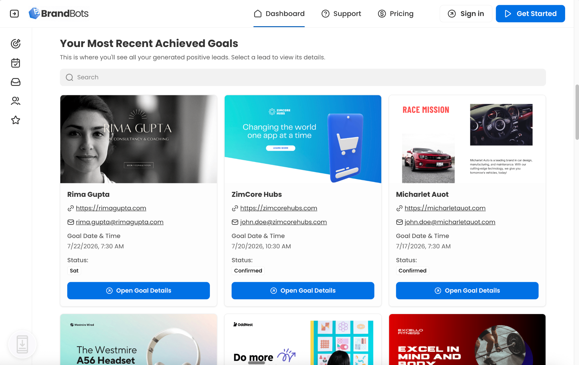 BrandBots dashboard showing recent qualified leads with company logos, contact details, goal date, and status.